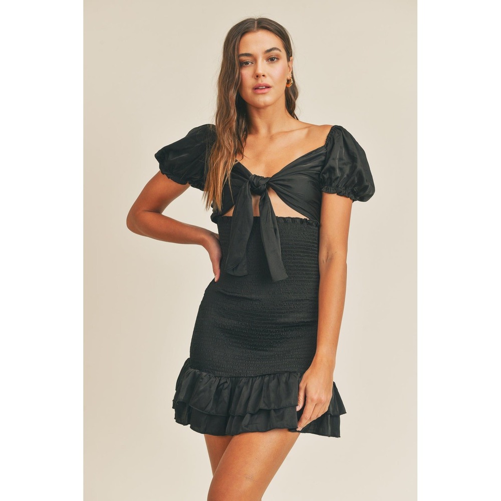Mable Black Kensley Top Tie Smocked Mini Ruffle Hem Dress M